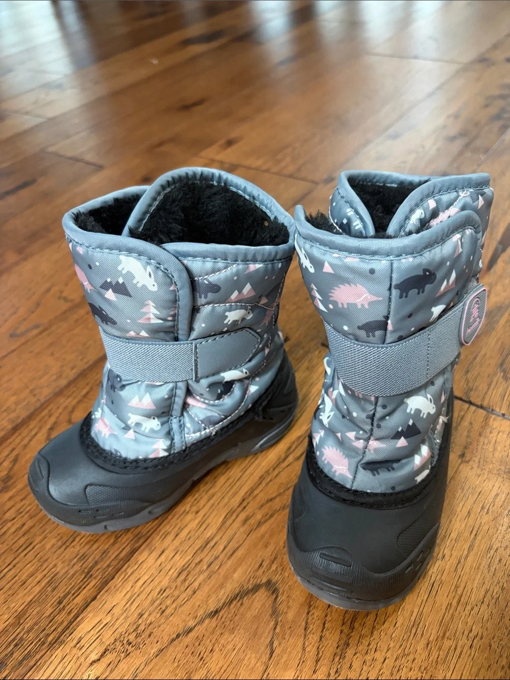 Kids Grey & Pink Winter Snow Boots with Animal Print